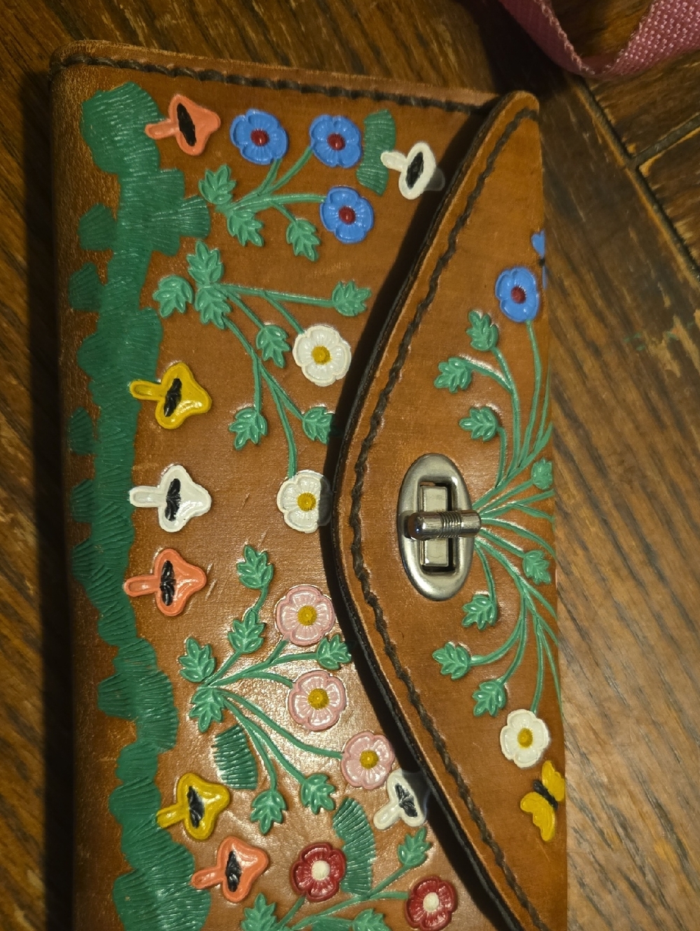 Brown Leather Floral Embossed Clutch Wallet